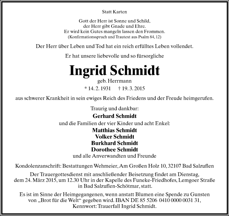  Traueranzeige für Ingrid Schmidt vom 21.03.2015 aus Lippische Landes-Zeitung