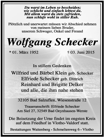 Anzeige  Wolfgang Schecker  Lippische Landes-Zeitung