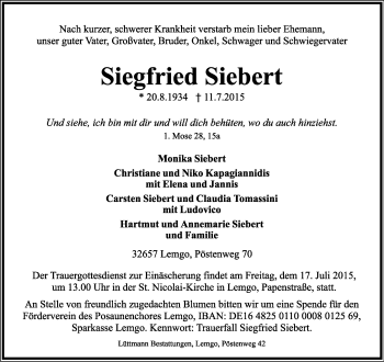 Anzeige  Siegfried Siebert  Lippische Landes-Zeitung