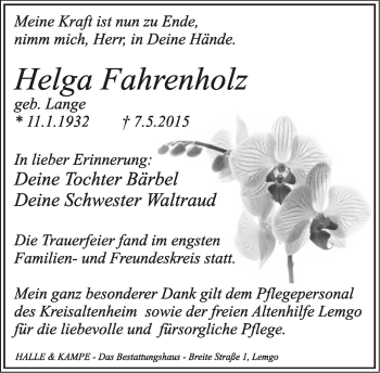 Anzeige  Helga Fahrenholz  Lippische Landes-Zeitung