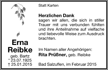 Anzeige  Erna Reibke  Lippische Landes-Zeitung