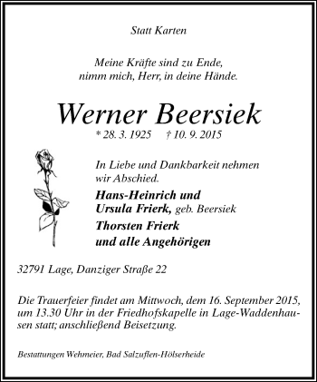 Anzeige  Werner Beersiek  Lippische Landes-Zeitung