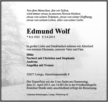 Anzeige  Edmund Wolf  Lippische Landes-Zeitung
