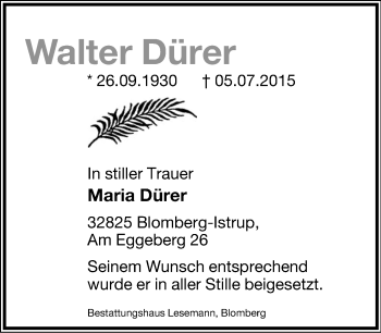 Anzeige  Walter Dürer  Lippische Landes-Zeitung