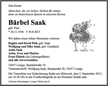 Anzeige  Bärbel Saak  Lippische Landes-Zeitung