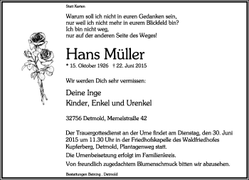 Anzeige  Hans Müller  Lippische Landes-Zeitung