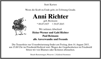 Anzeige  Anni Richter  Lippische Landes-Zeitung