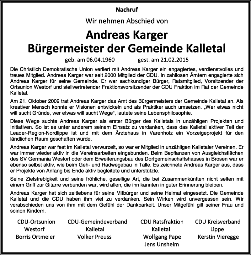  Traueranzeige für Andreas Karger vom 25.02.2015 aus Lippische Landes-Zeitung