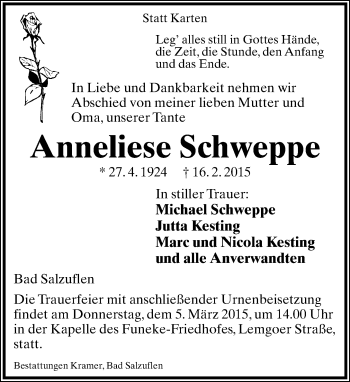 Anzeige  Anneliese Schweppe  Lippische Landes-Zeitung