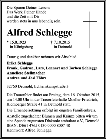 Anzeige  Alfred Schlegge  Lippische Landes-Zeitung