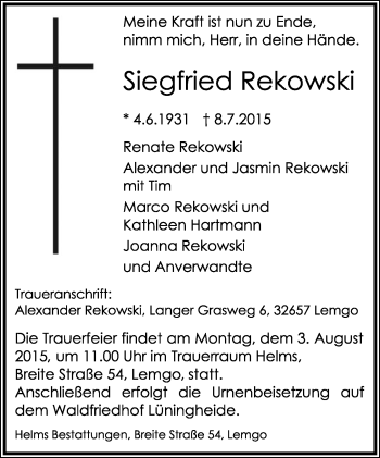 Anzeige  Siegfried Rekowski  Lippische Landes-Zeitung