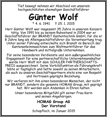 Anzeige  Günter Wolf  Lippische Landes-Zeitung