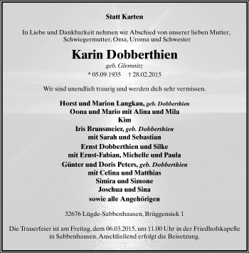 Anzeige  Karin Dobberthien  Lippische Landes-Zeitung