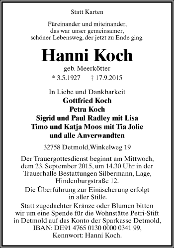 Anzeige  Hanni Koch  Lippische Landes-Zeitung