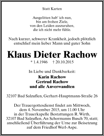 Anzeige  Klaus Dieter Rachow  Lippische Landes-Zeitung