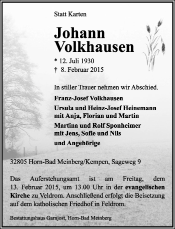 Anzeige  Johann Volkhausen  Lippische Landes-Zeitung