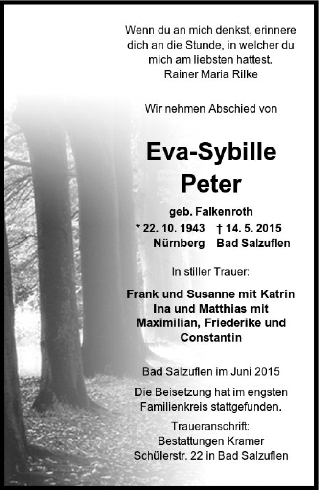 Traueranzeige für Eva-Sybille Peter vom 13.06.2015 aus Lippische Landes-Zeitung