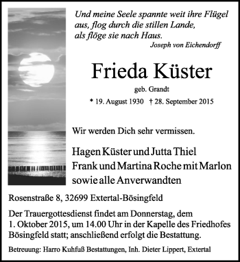 Anzeige  Frieda Küster  Lippische Landes-Zeitung