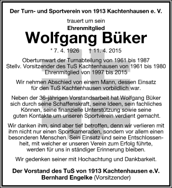 Anzeige  Wolfgang Büker  Lippische Landes-Zeitung