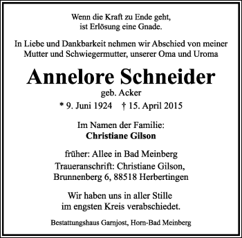 Anzeige  Annelore Schneider  Lippische Landes-Zeitung