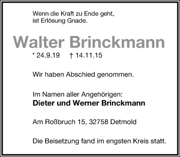 Anzeige  Walter Brinckmann  Lippische Landes-Zeitung