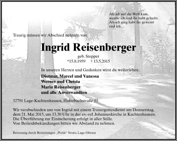 Anzeige  Ingrid Reisenberger  Lippische Landes-Zeitung