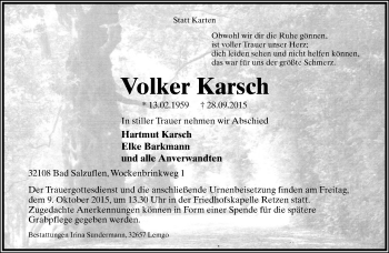 Anzeige  Volker Karsch  Lippische Landes-Zeitung