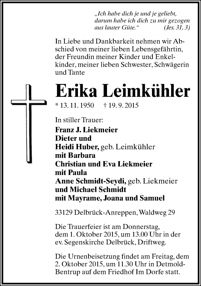  Traueranzeige für Erika Leimkühler vom 23.09.2015 aus Lippische Landes-Zeitung