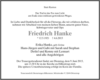 Anzeige  Friedrich Hanke  Lippische Landes-Zeitung