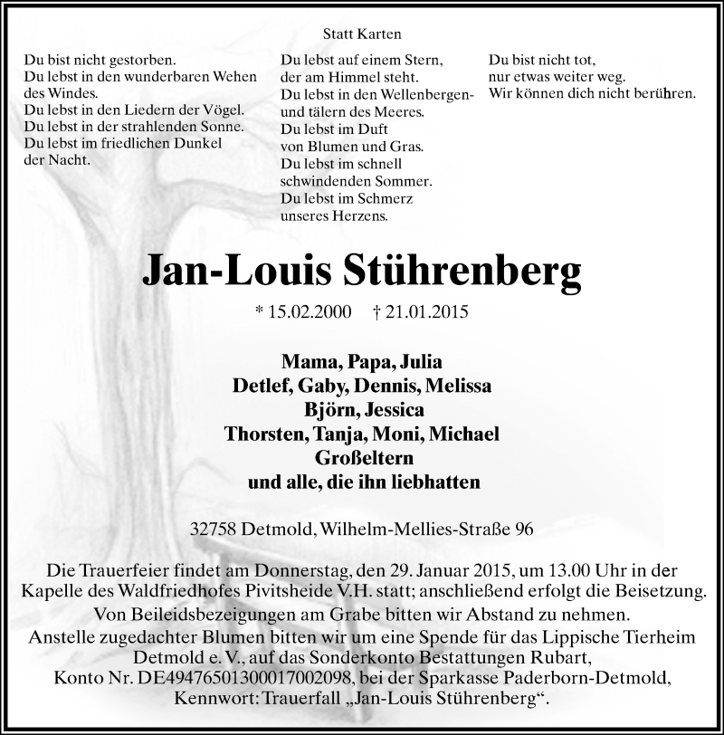  Traueranzeige für Jan-Louis Stührenberg vom 26.01.2015 aus Lippische Landes-Zeitung