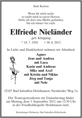 Anzeige  Elfriede Nieländer  Lippische Landes-Zeitung