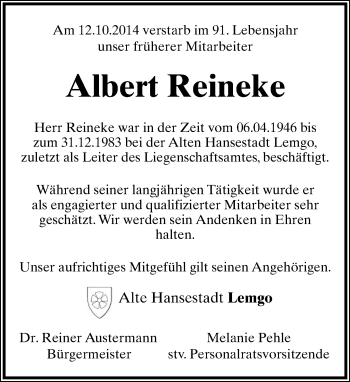 Anzeige  Albert Reineke  Lippische Landes-Zeitung