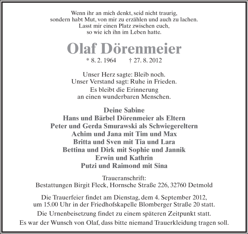  Traueranzeige für Olaf Dörenmeier vom 01.09.2012 aus Lippische Landes-Zeitung