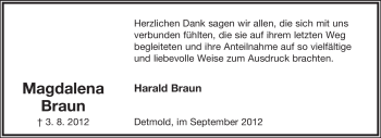 Anzeige  Magdalena Braun  Lippische Landes-Zeitung