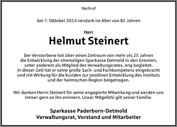 Anzeige  Helmut Steinert  Lippische Landes-Zeitung