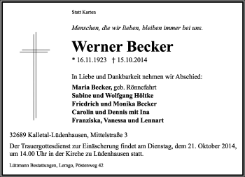 Anzeige  Werner Becker  Lippische Landes-Zeitung