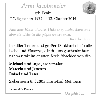 Anzeige  Anni Jacobsmeier  Lippische Landes-Zeitung