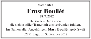 Anzeige  Ernst Boullèt  Lippische Landes-Zeitung