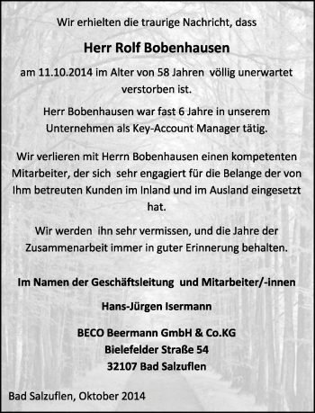 Anzeige  Rolf Bobenhausen  Lippische Landes-Zeitung