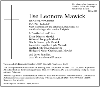 Anzeige  Ilse Leonore Mawick  Lippische Landes-Zeitung