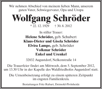 Anzeige  Wolfgang Schröder  Lippische Landes-Zeitung