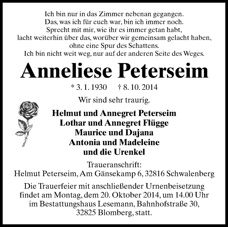  Traueranzeige für Anneliese Peterseim vom 18.10.2014 aus Lippische Landes-Zeitung