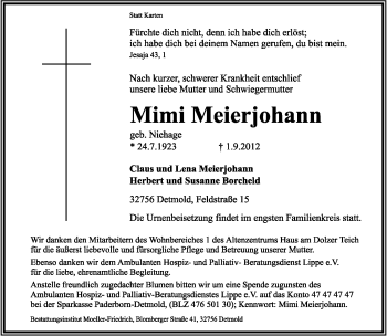 Anzeige  Wilhelmine Meierjohann  Lippische Landes-Zeitung