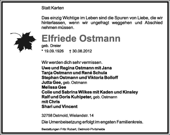 Anzeige  Elfriede Ostmann  Lippische Landes-Zeitung