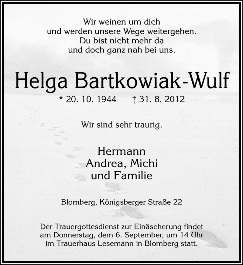  Traueranzeige für Helga Bartkowiak-Wulf vom 03.09.2012 aus Lippische Landes-Zeitung