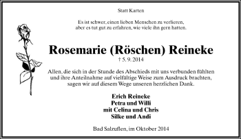 Anzeige  Rosemarie Reineke  Lippische Landes-Zeitung