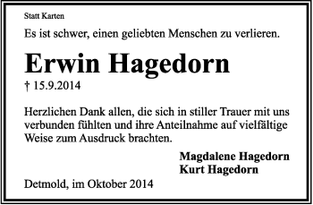 Anzeige  Erwin Hagedorn  Lippische Landes-Zeitung