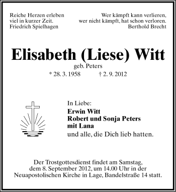 Anzeige  Elisabeth Witt  Lippische Landes-Zeitung