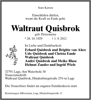 Anzeige  Waltraut Quisbrok  Lippische Landes-Zeitung