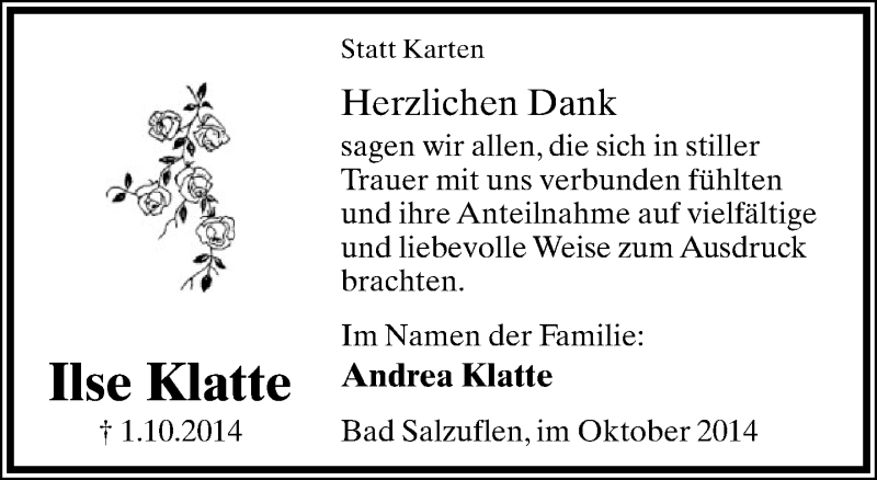  Traueranzeige für Ilse Klatte vom 18.10.2014 aus Lippische Landes-Zeitung